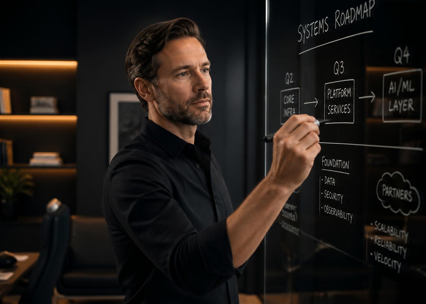 Fractional CTO sketching a quarterly systems roadmap on a glass board